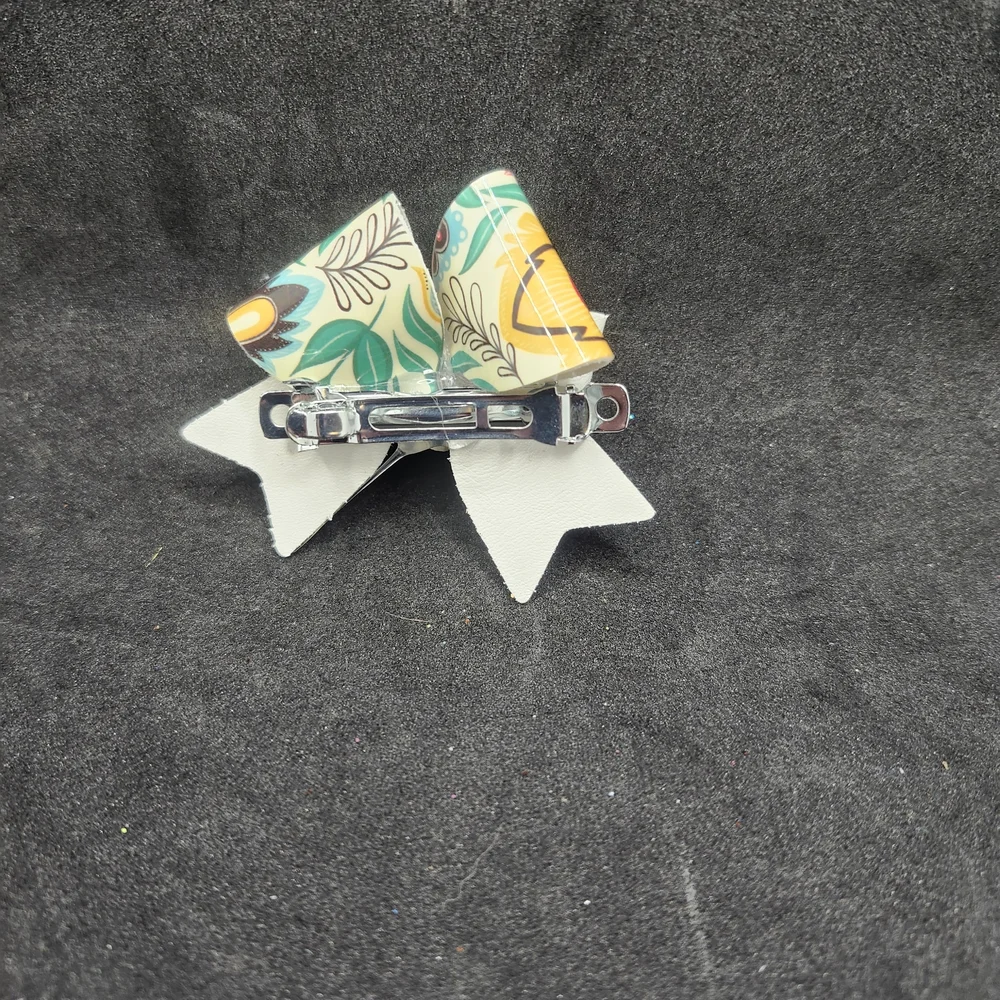 Hand Crafted Floral Patterned Hair Bow Faux Leather Barrette Clip